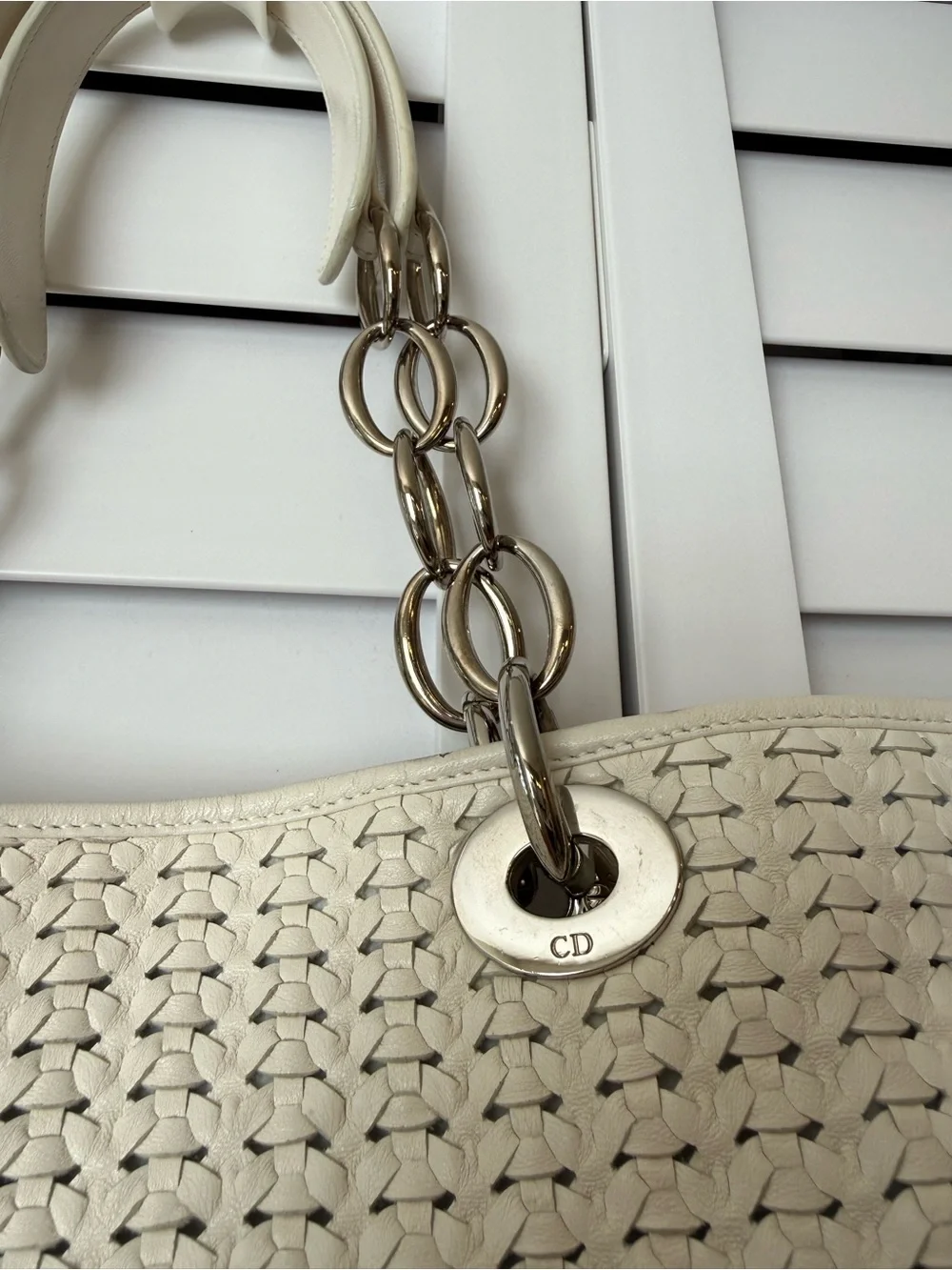 Authentic Christian Dior Woven Lambskin Soft Lady Dior Tote Bag, Silver Hardware